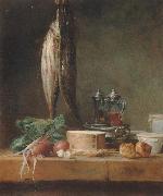 Style life with fish, Grunzeug, Gougeres shot el as well as oil and vinegar pennant on a table Jean Baptiste Simeon Chardin